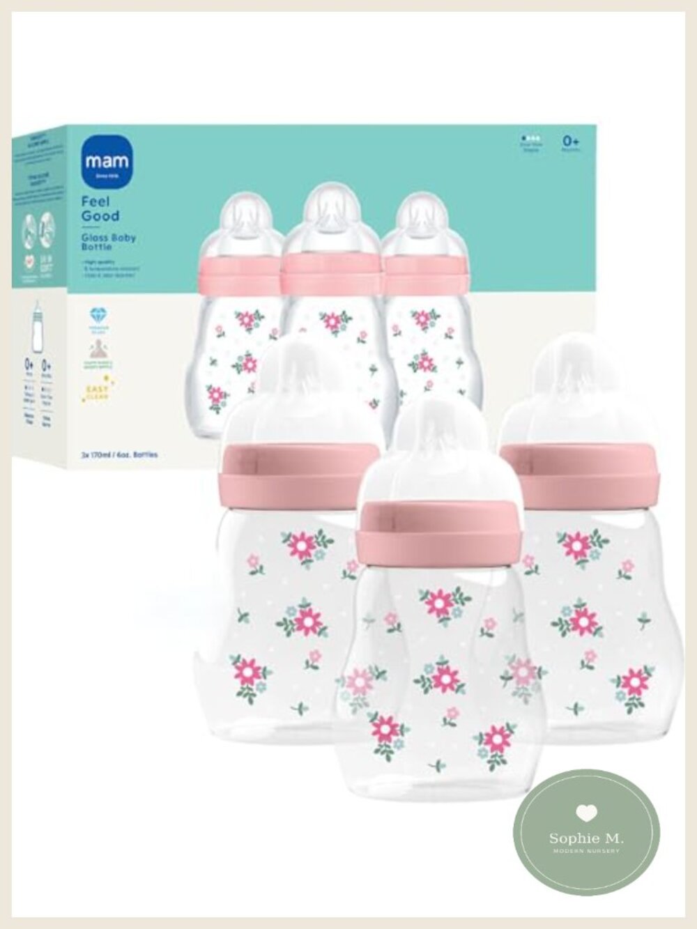 MAM Anti-Colic Glass Baby Bottles 6oz 3 Pack Baby Feeding Essentials
